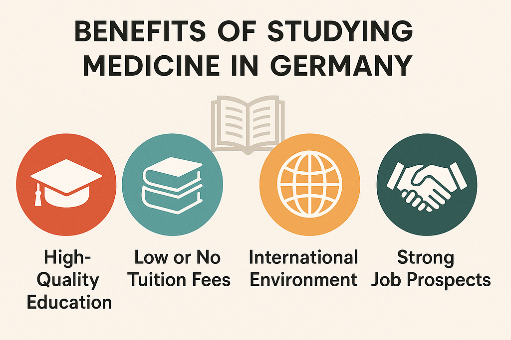 Visual summary of the main benefits of studying medicine in Germany: high-quality education, low or no tuition fees, international environment, and strong job prospects after graduation.