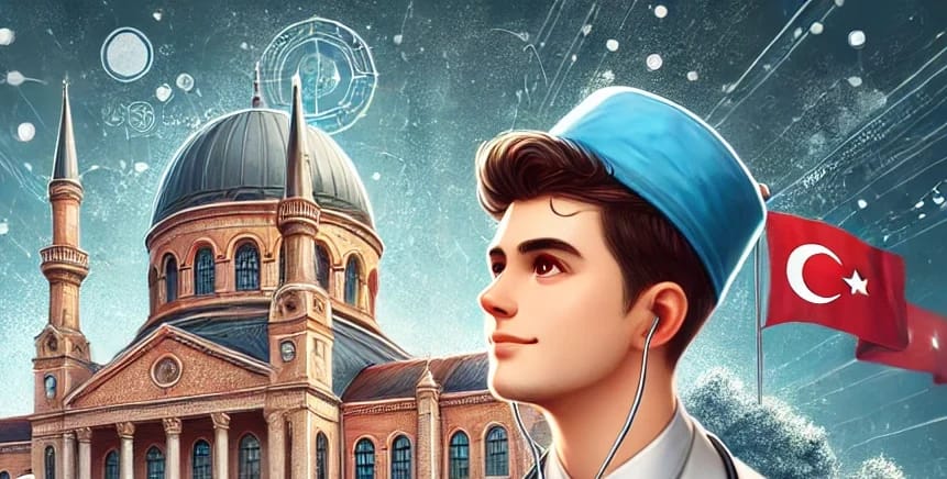 Illustration of the YÖS sınavı concept, featuring a globe highlighting Turkey, a university building, and a student holding a medical textbook with a stethoscope.
